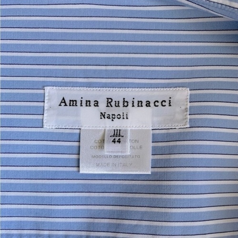 Amina Rubinacci Womens Blue Stripe Button Front Shirt 8 Cotton Cropped Sleeve VG - Picture 7 of 8